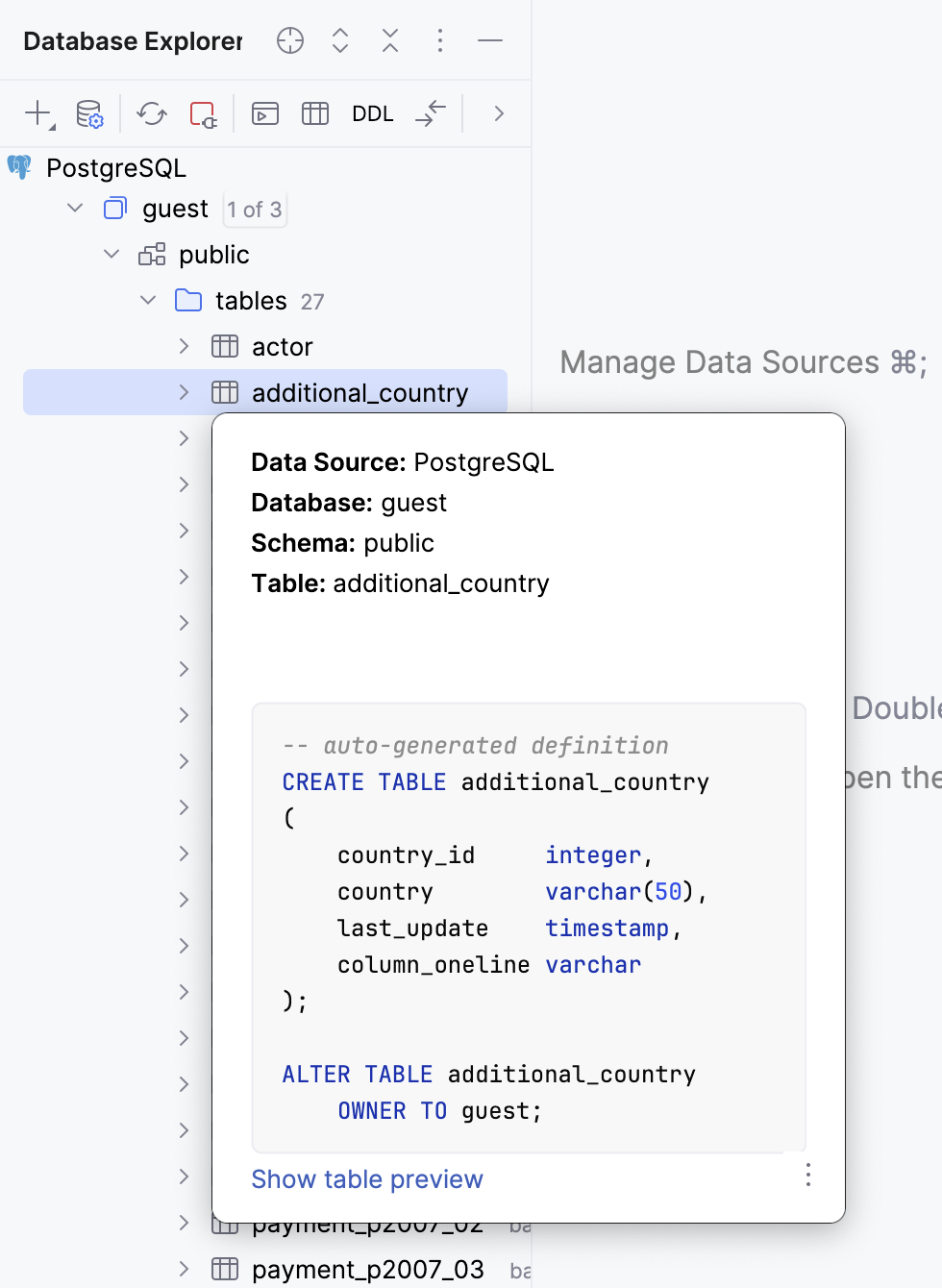 PostgreSQL and MySQL table size in Quick Documentation popup