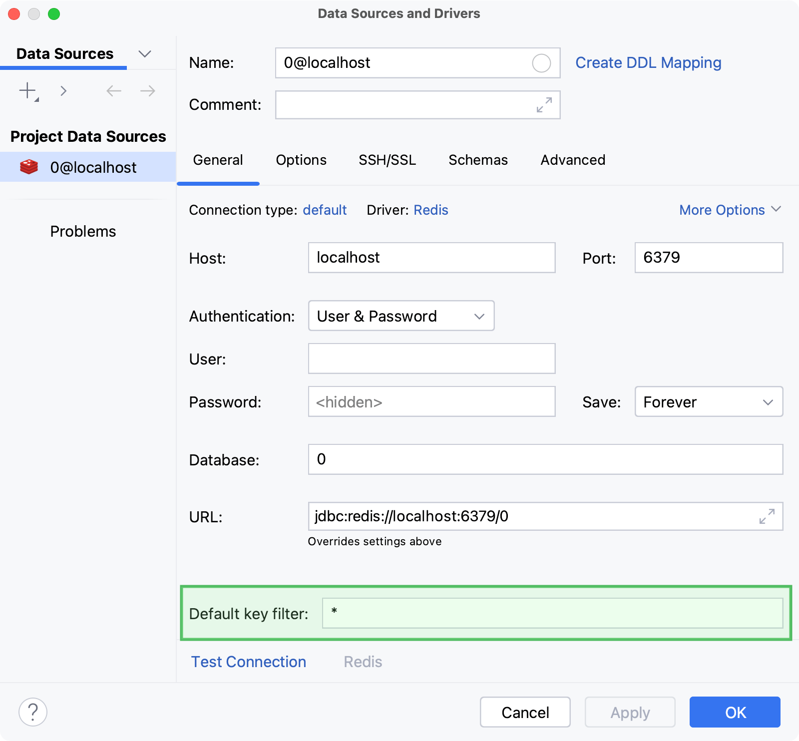 the Default key filter setting