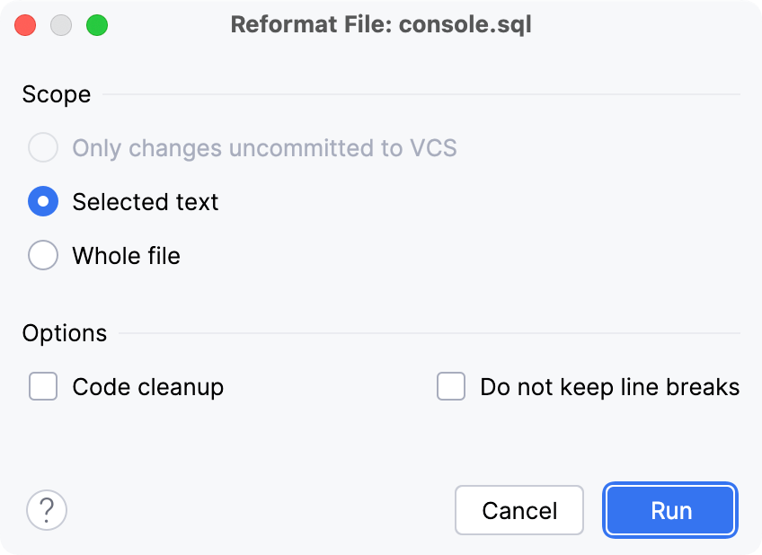 Reformat Code dialog