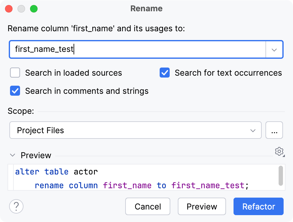 Rename dialog for a column