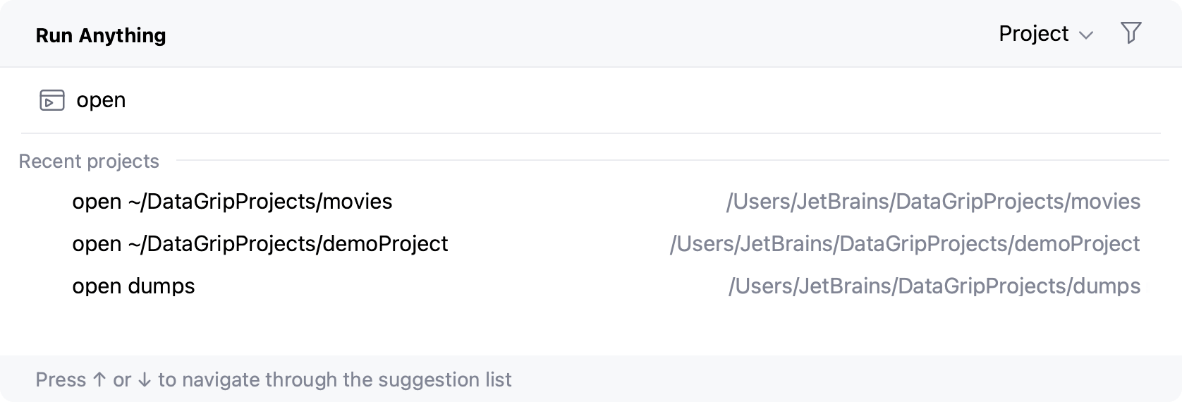 Opening a recent project from the Run Anything popup