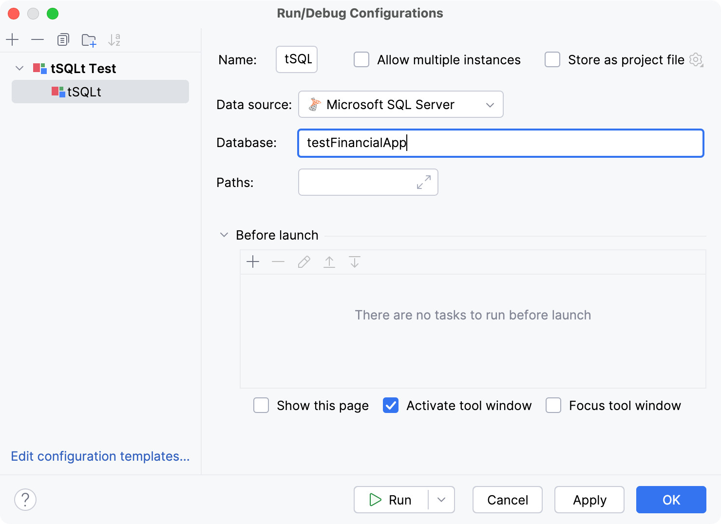 Run/Debug Configuration for tSQLt tests