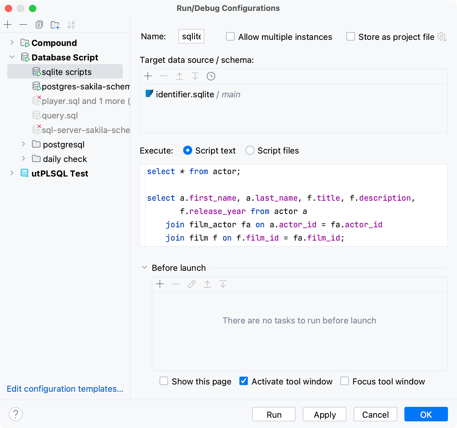 Run/Debug Configuration for a script text