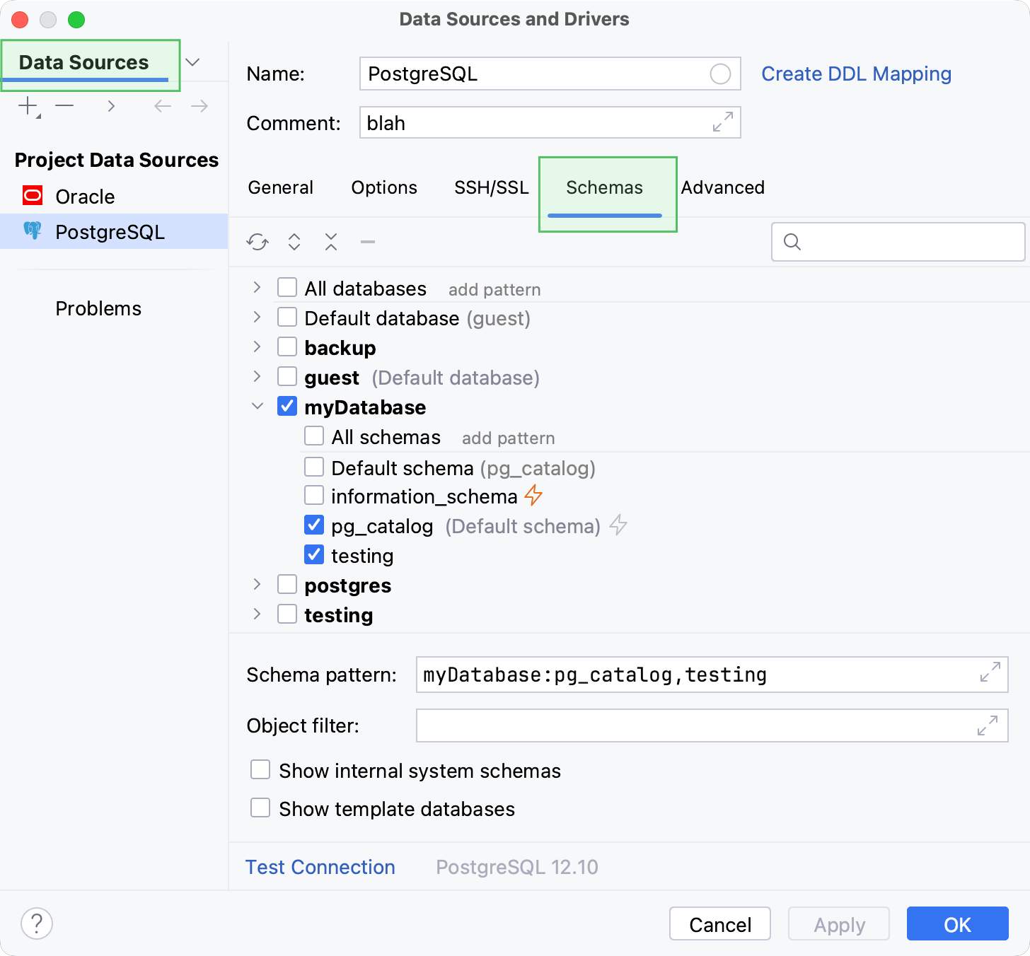 Select schemas or databases in data source properties