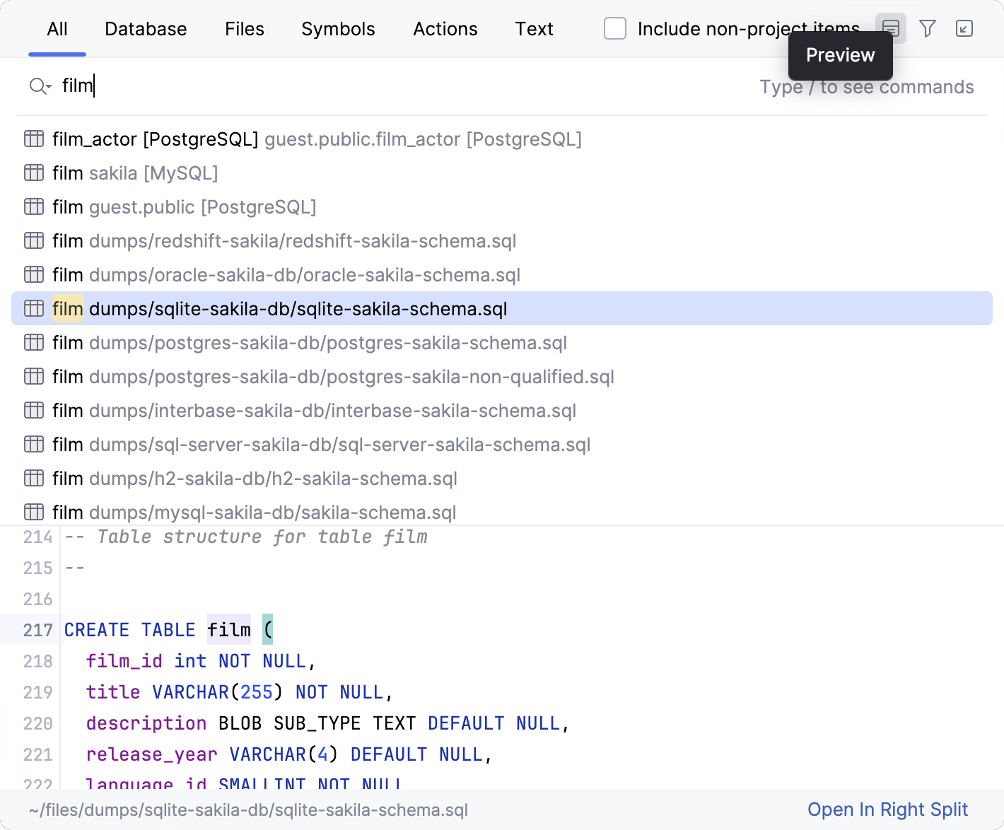 Codebase elements preview in the Database tab