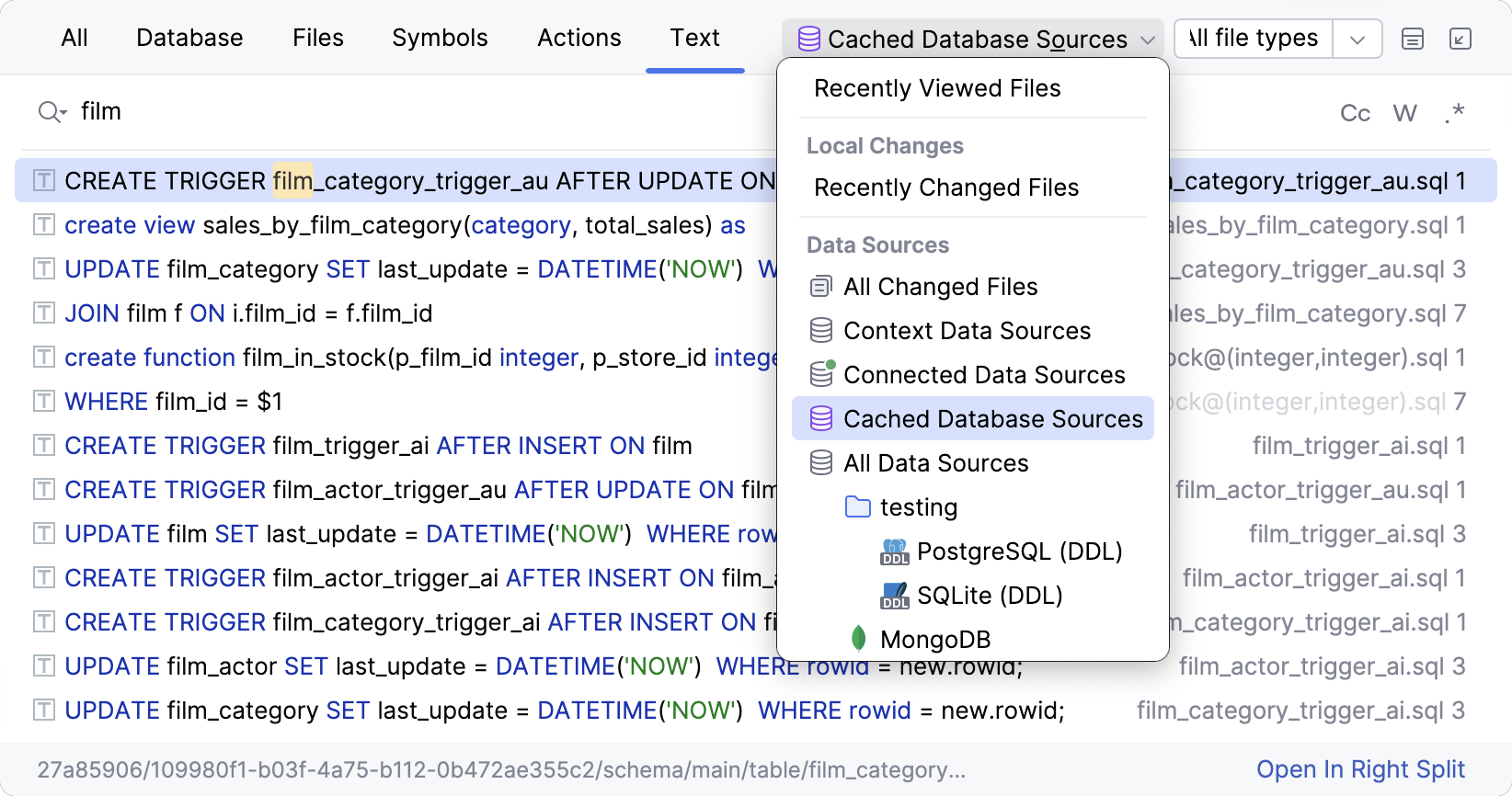 Searching in the source code of databases using the Cached Database Sources scope