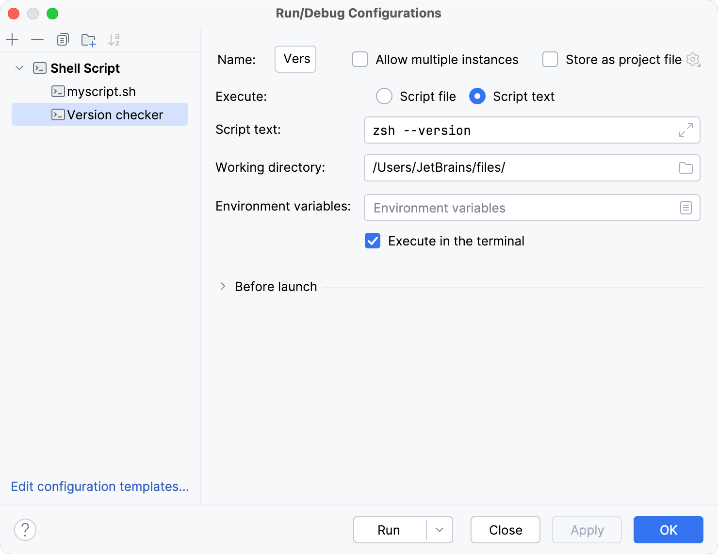 Shell Script run/debug configuration for a command