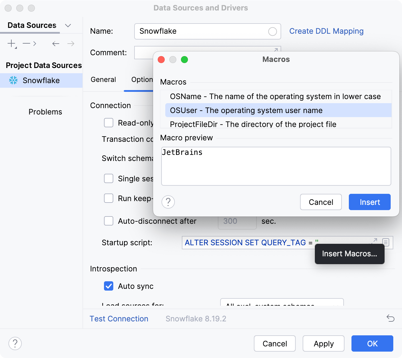 Built-in macros selector for the connection startup script