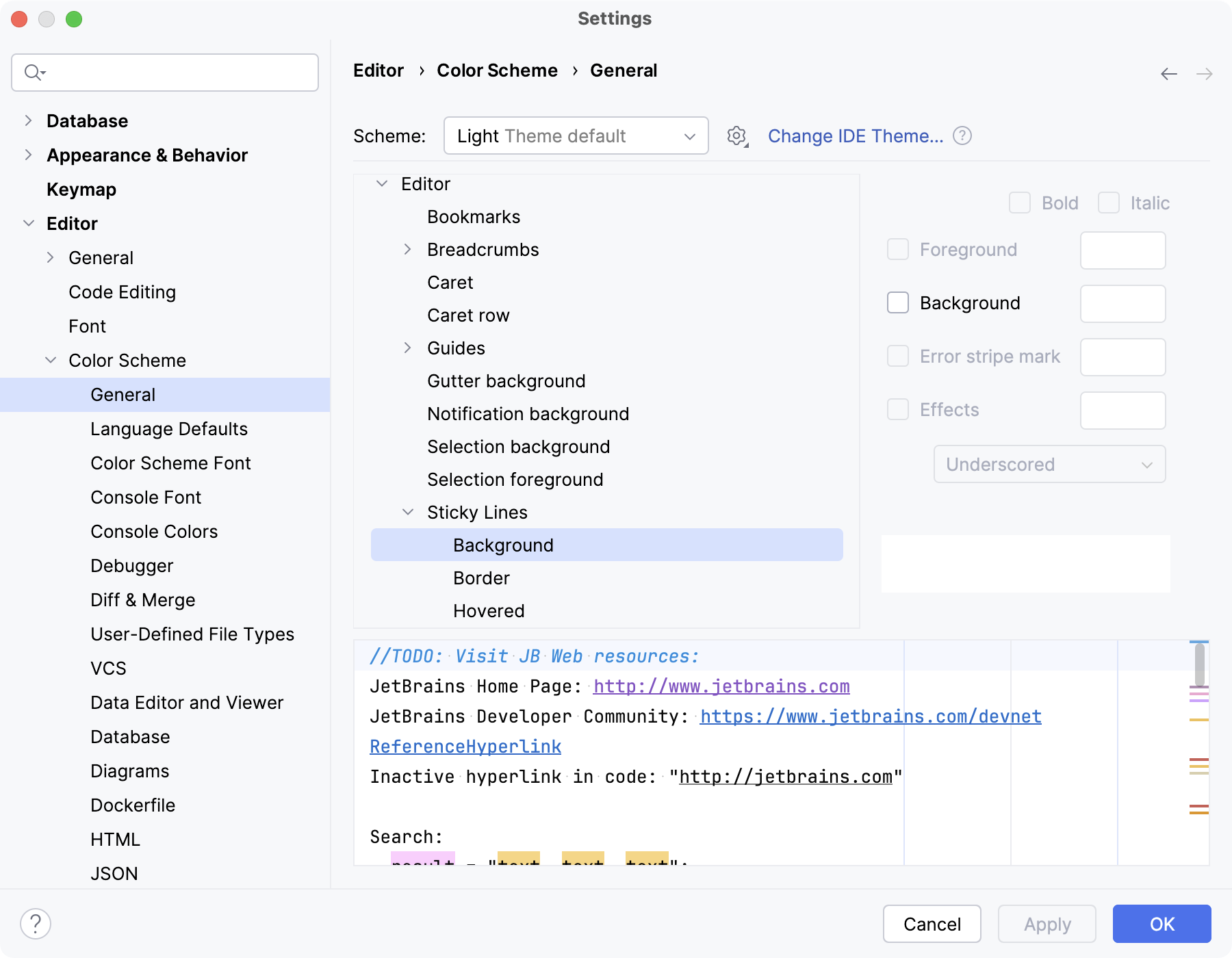 Sticky lines color scheme settings