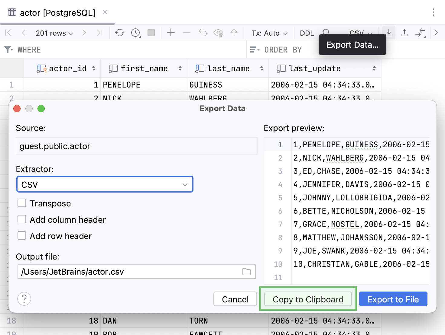 Export data to the clipboard