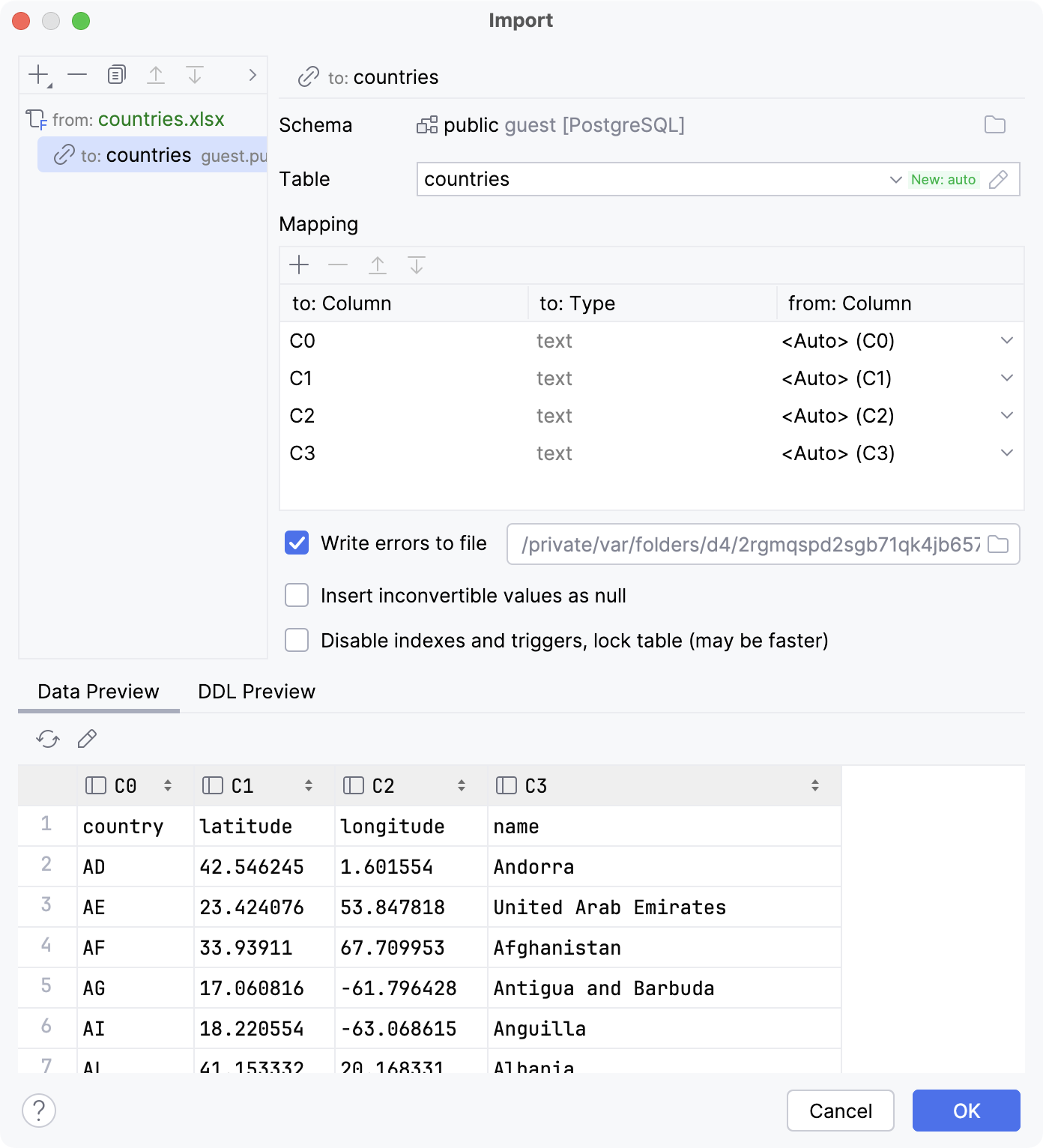 Import data from Excel file: mapping settings