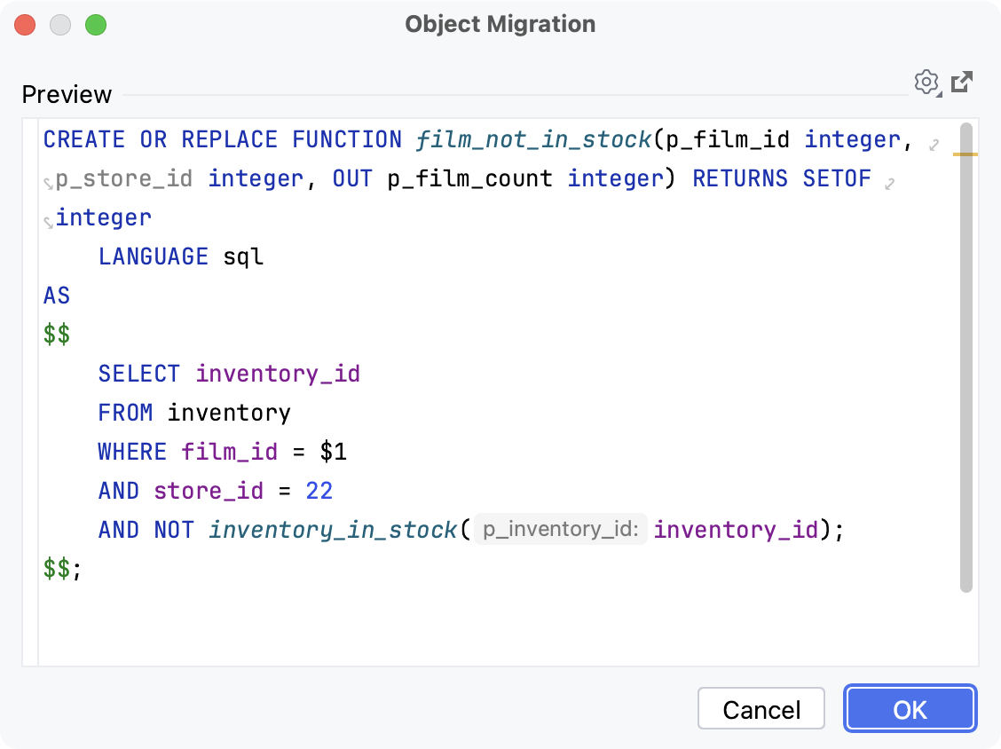 Migration script with changes for a single database object