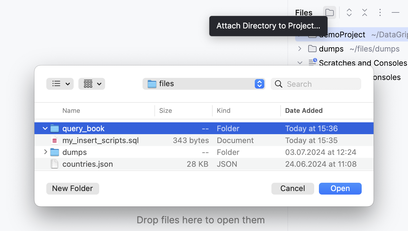 Attaching the directory with the SQL file to the DataGrip project
