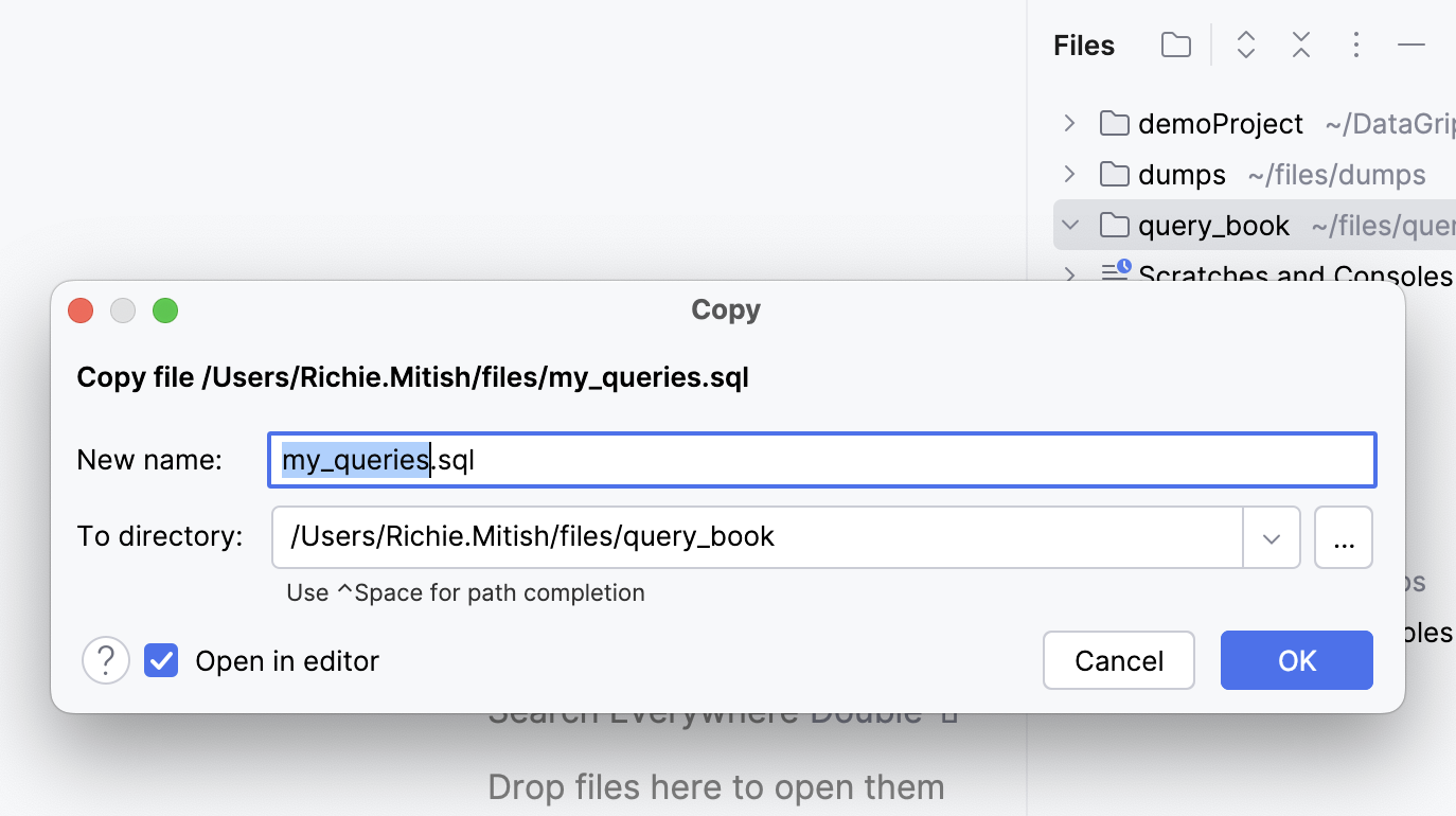 Copying an existing SQL file to the project root Copying an existing SQL file to the project root
