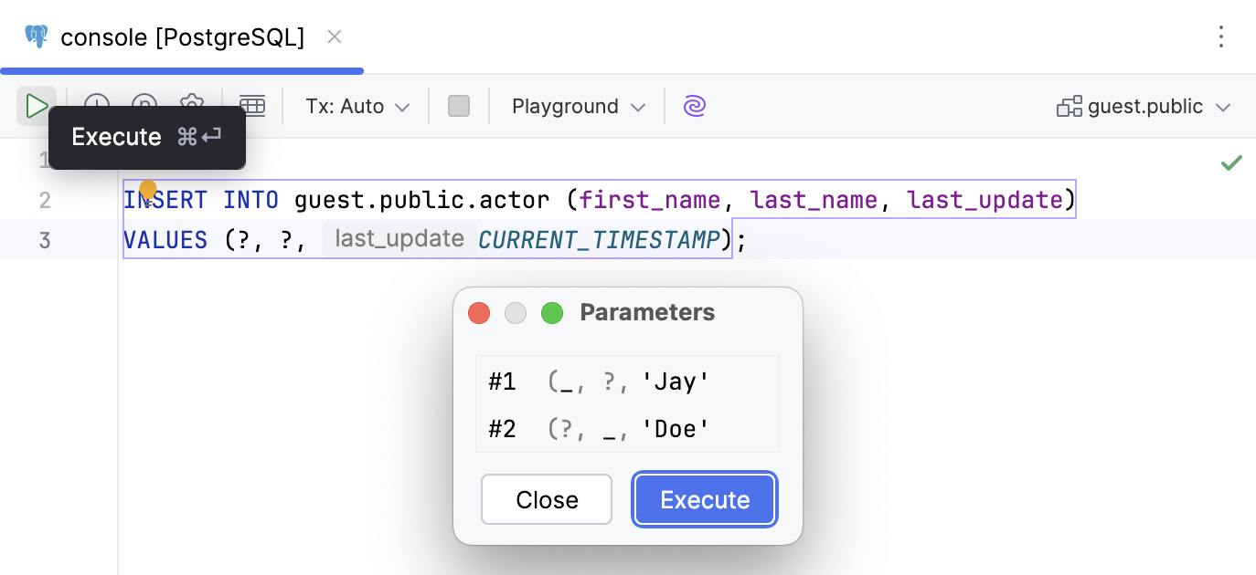Enter the user parameters to run your statement with Enter the user parameters to run your statement with