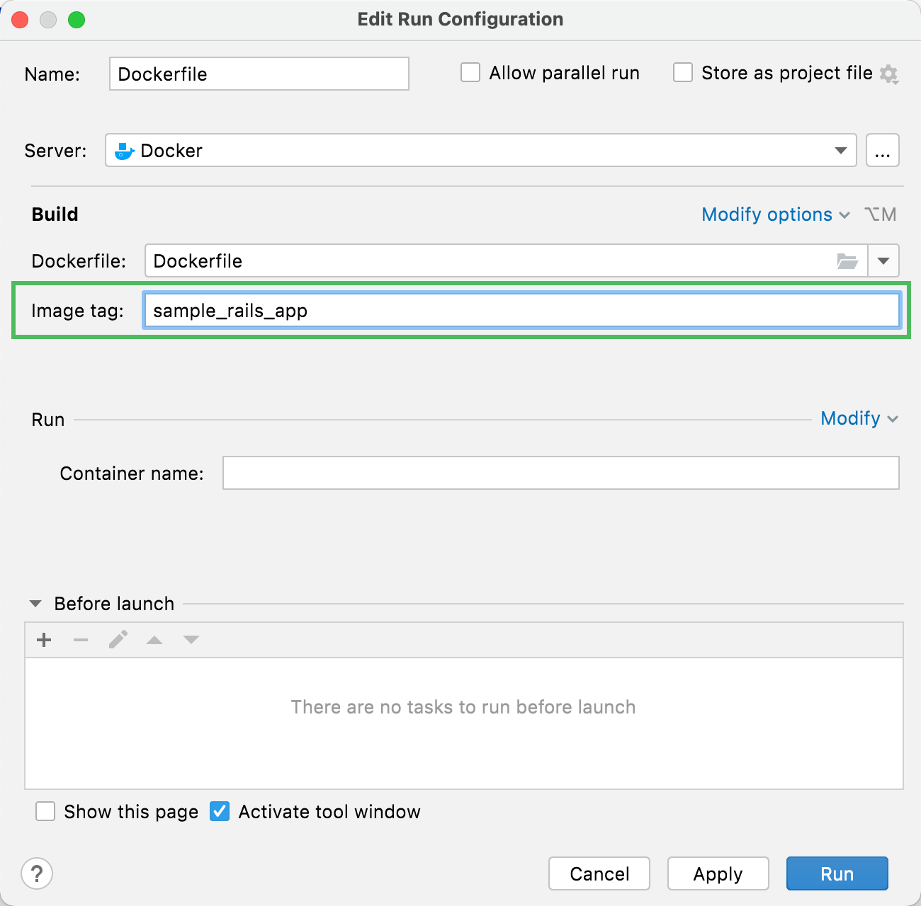 Docker run configuration