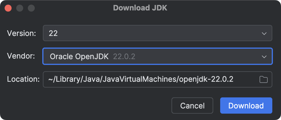 Downloading a JDK when creating a project