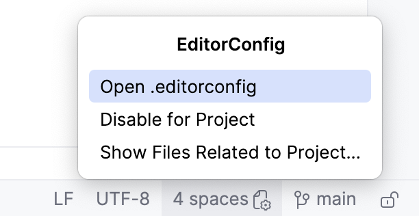 EditorConfig menu opened from the Indentation widget