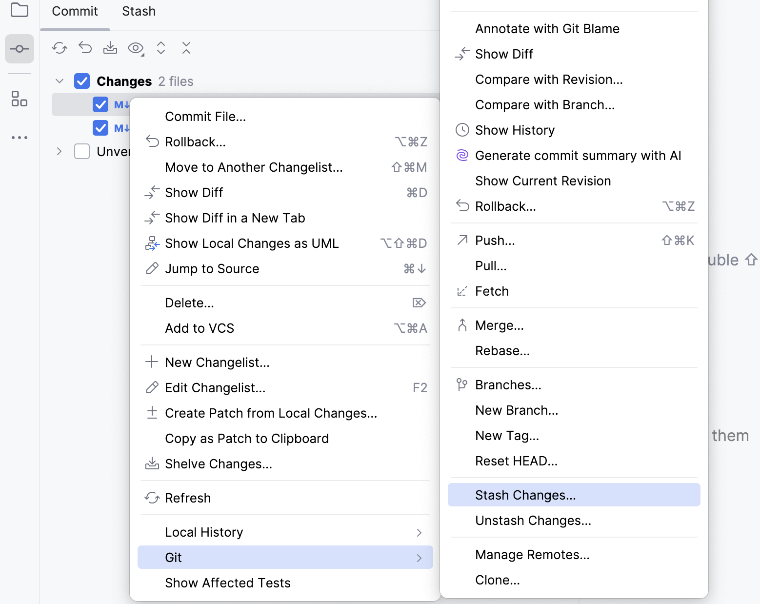 The Stash Changes option in the context menu