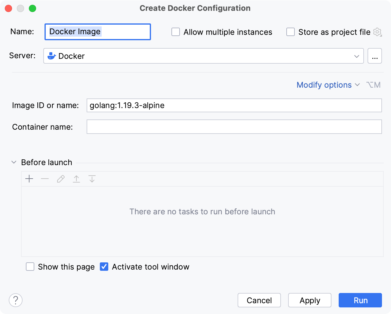 The Create Docker Configuration dialog