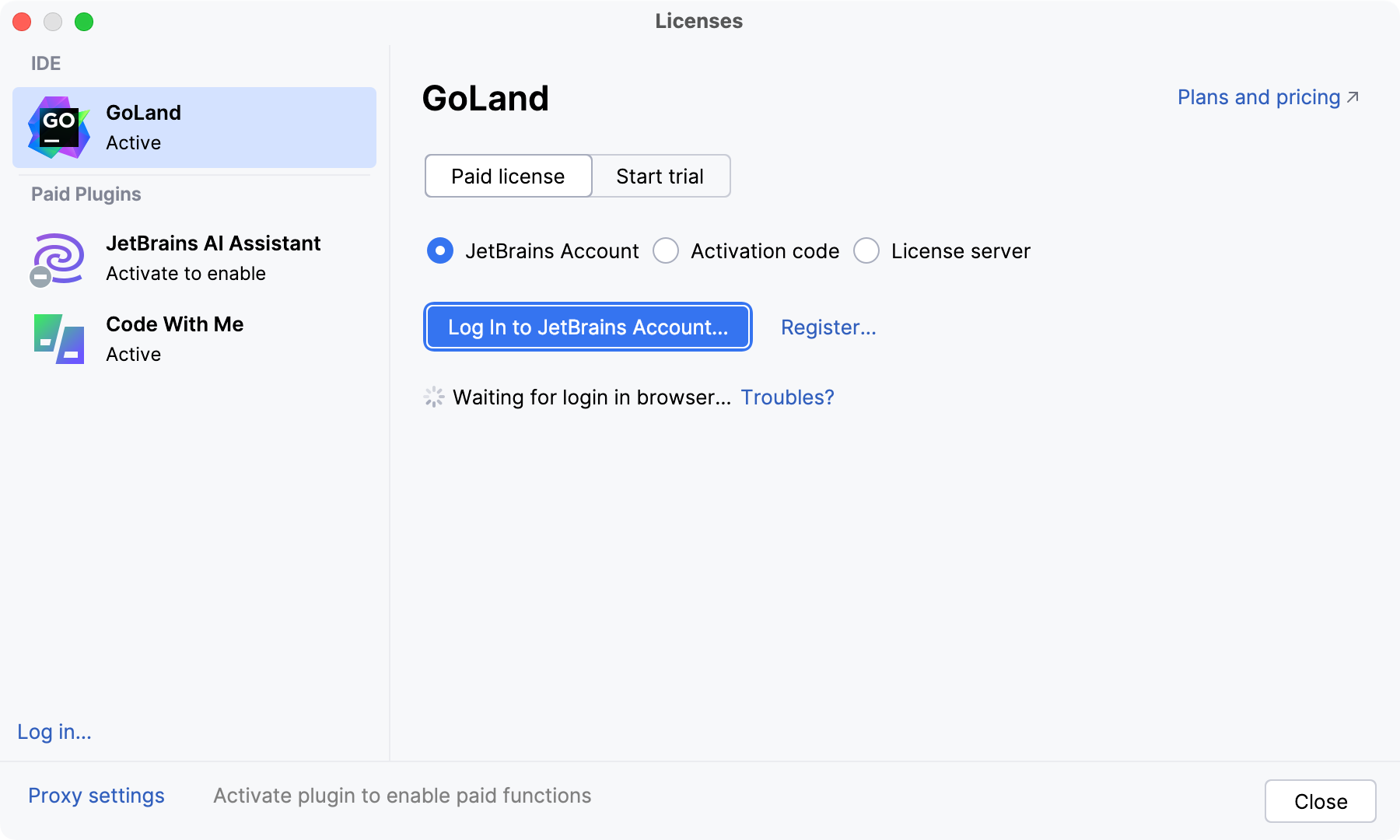 Activate GoLand license with a JB Account