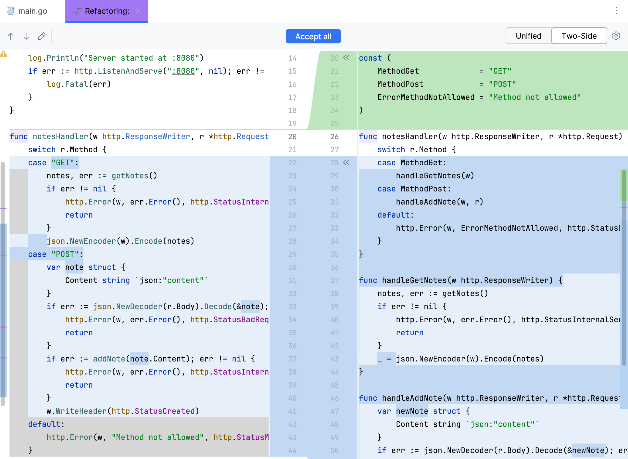 Diff tab with refactored code