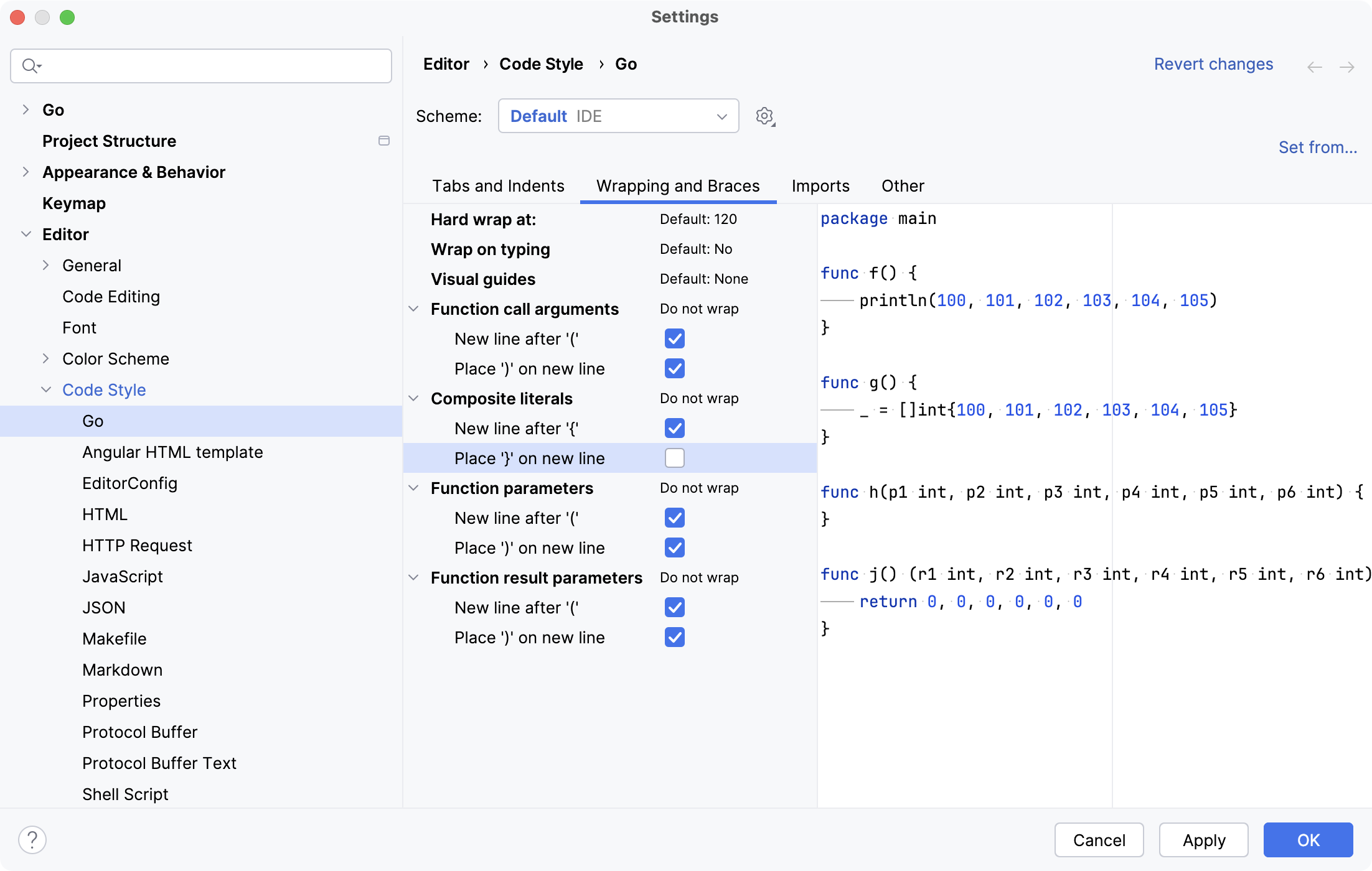 Code formatting: wrapping for call arguments, function parameters, and composite literal elements