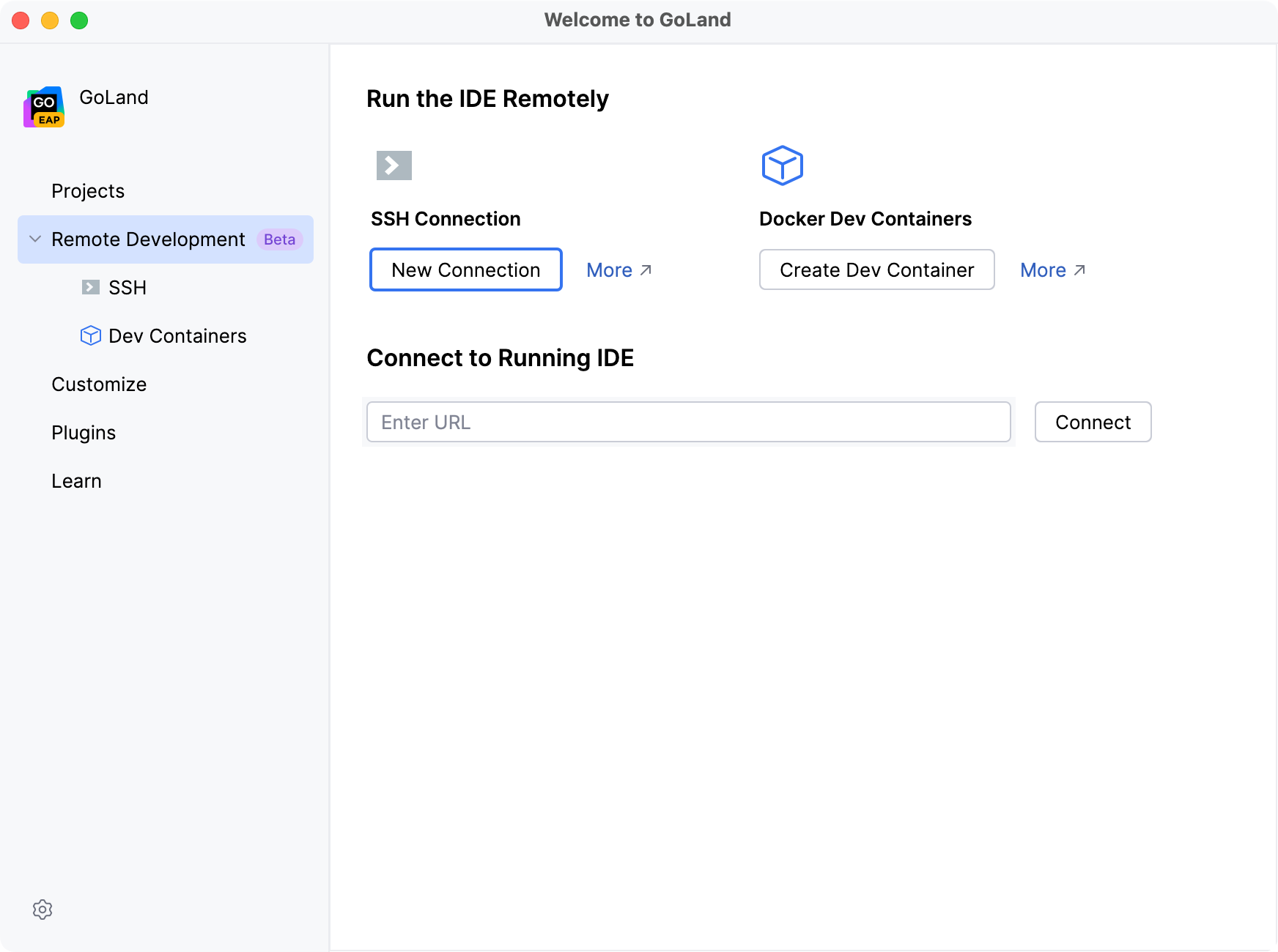 Configuring remote development settings on Welcome screen