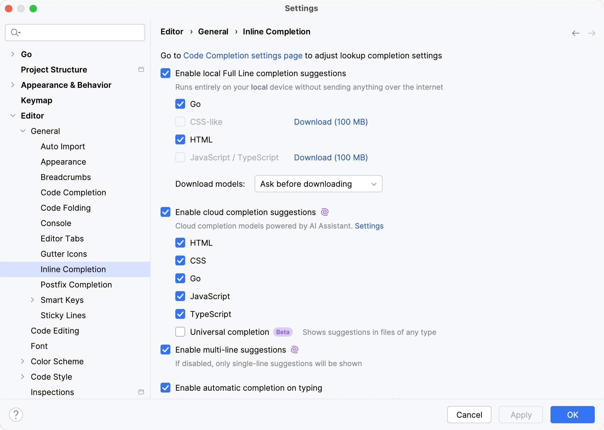 Enabling full line code completion