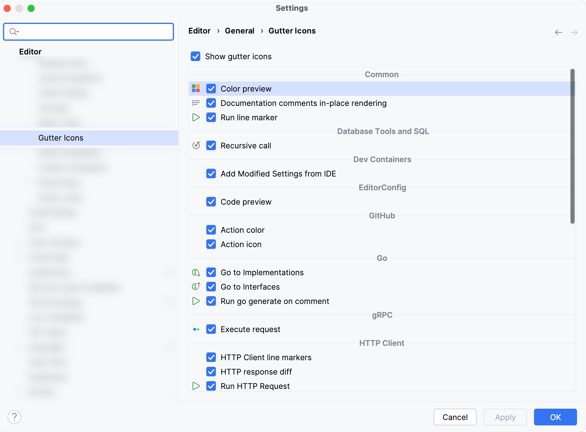 Gutter icons settings in the Preferences dialog