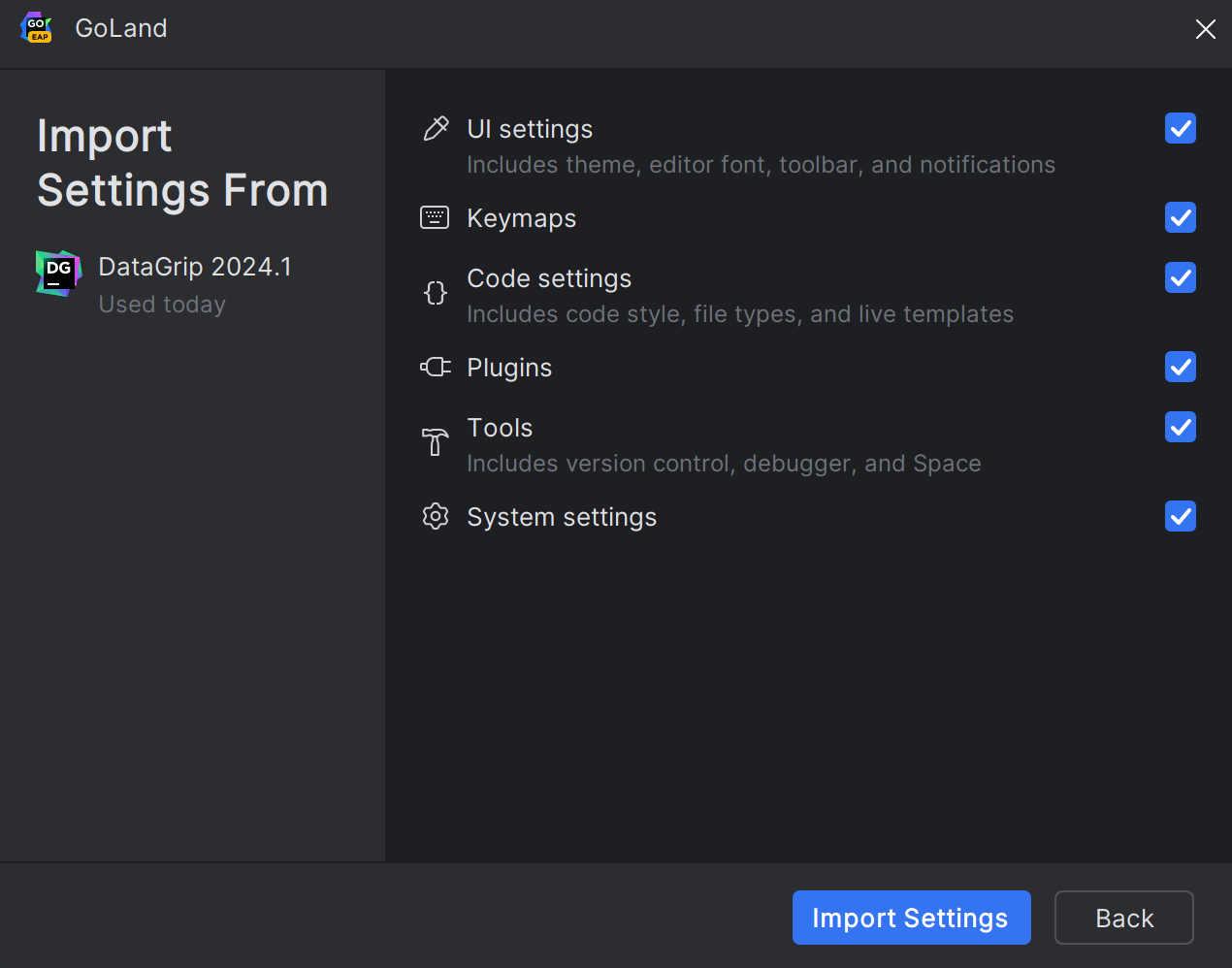 JetBrains IDE settings selection