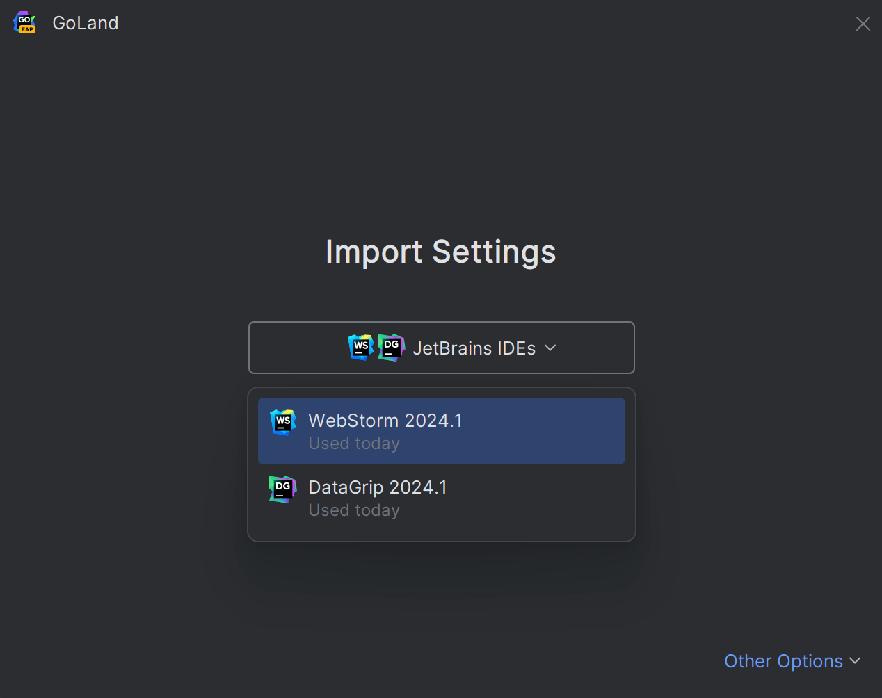 The Import Settings dialog with the opened drop-down list