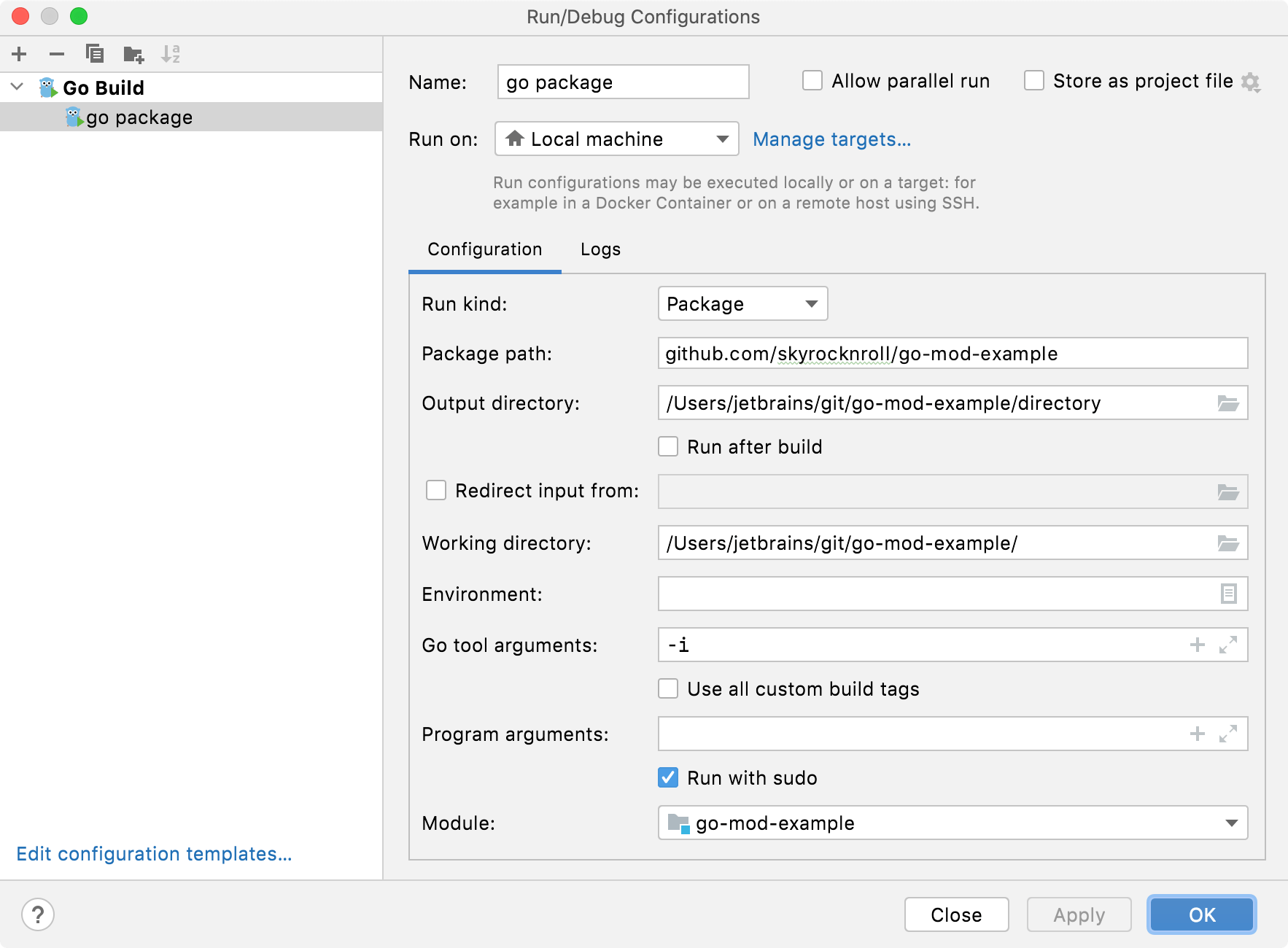 Run/Debug Configuration for Go Build