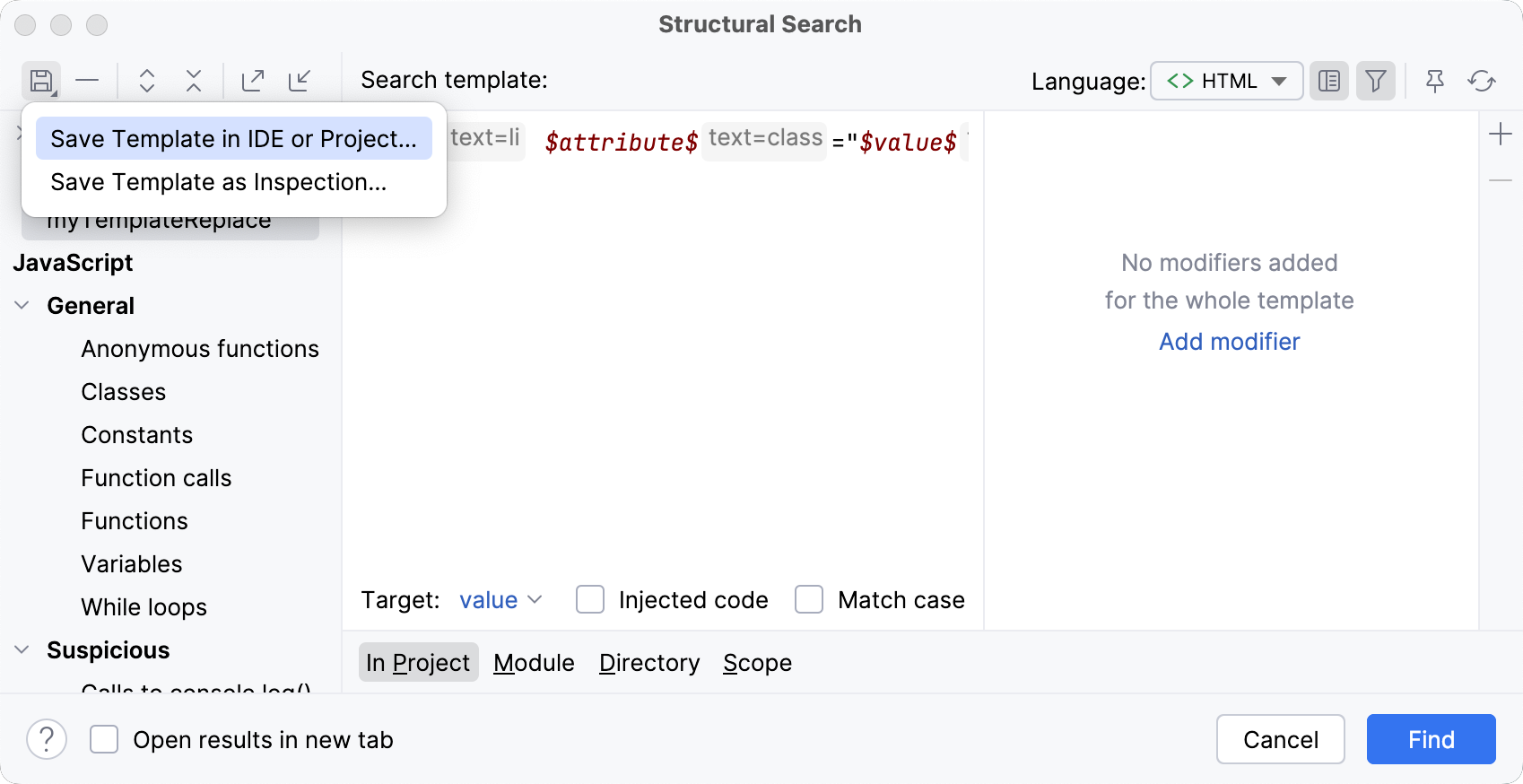 Save a template for the structural search