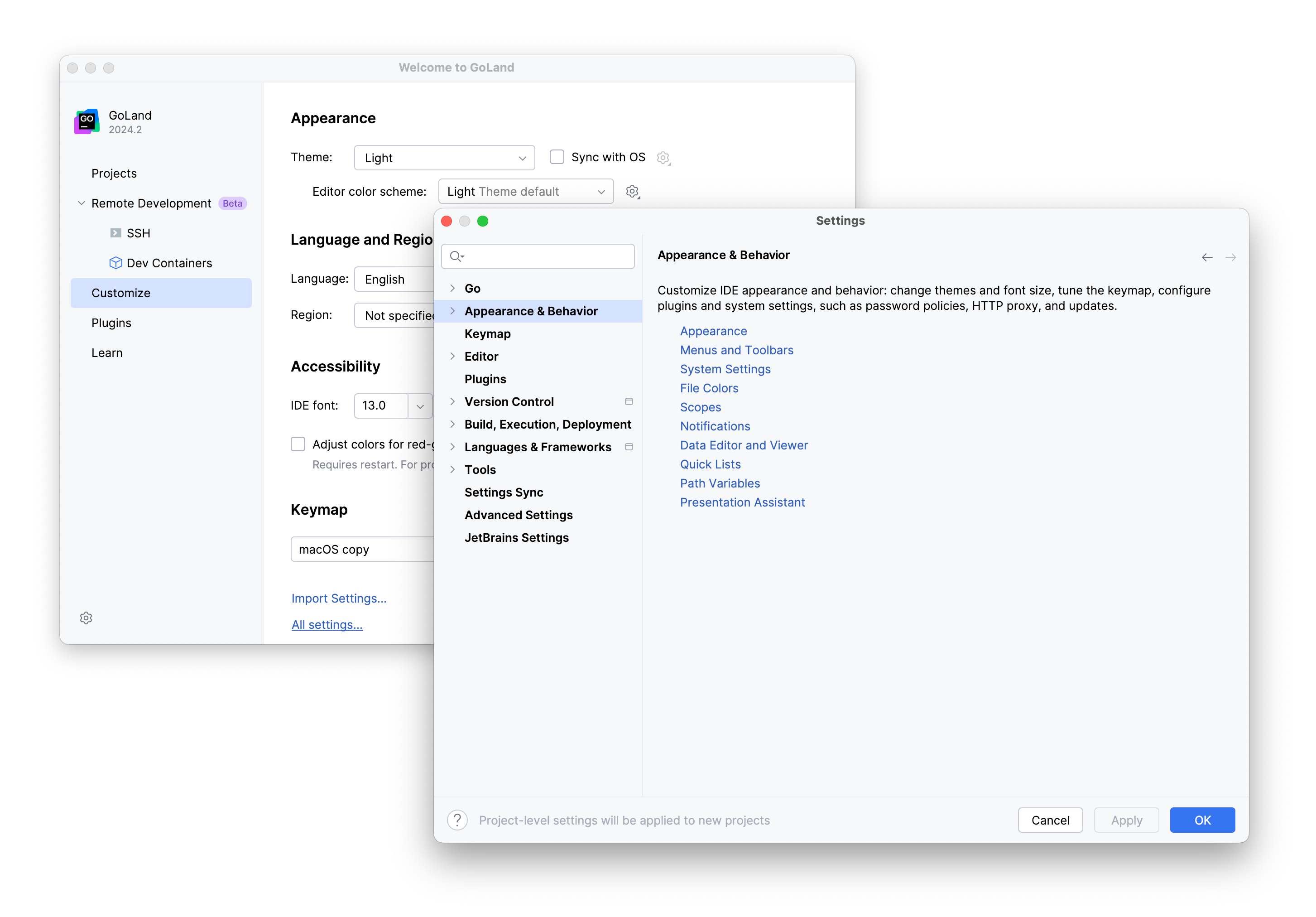 Configuring new default settings for projects