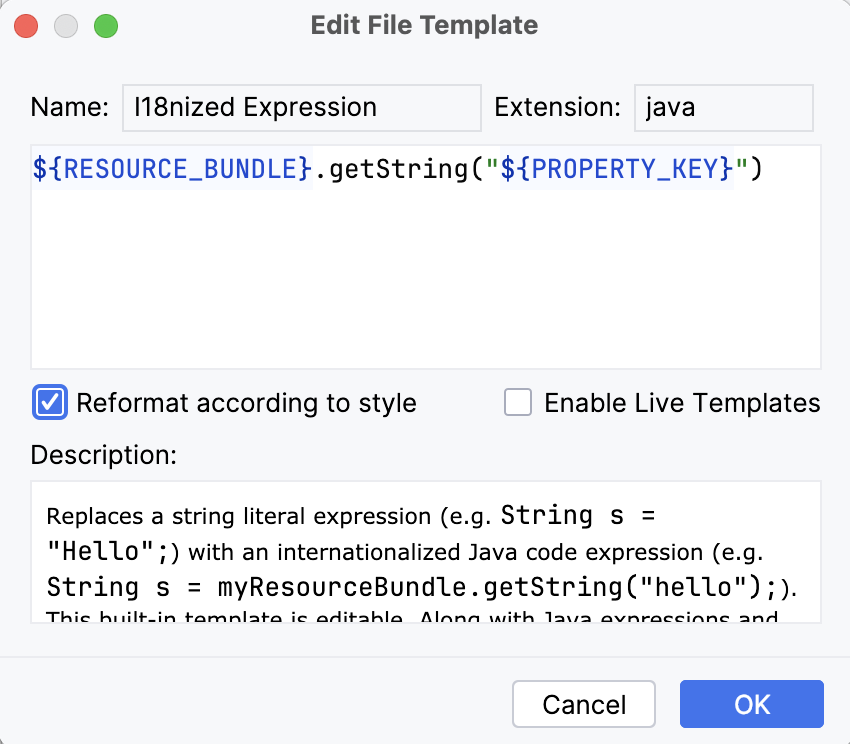 Edit File Templates dialog