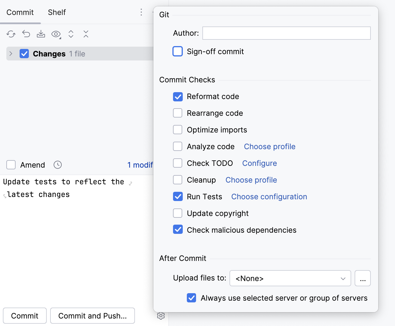 advanced commit options popup