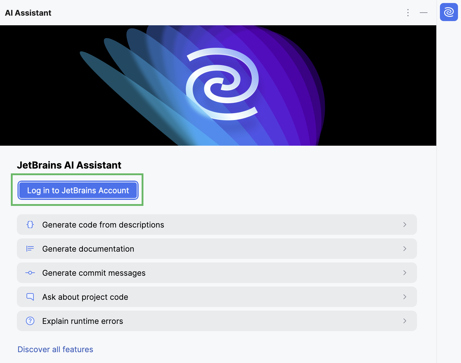 The AI Assistant tool window with an option to log in to JetBrains account