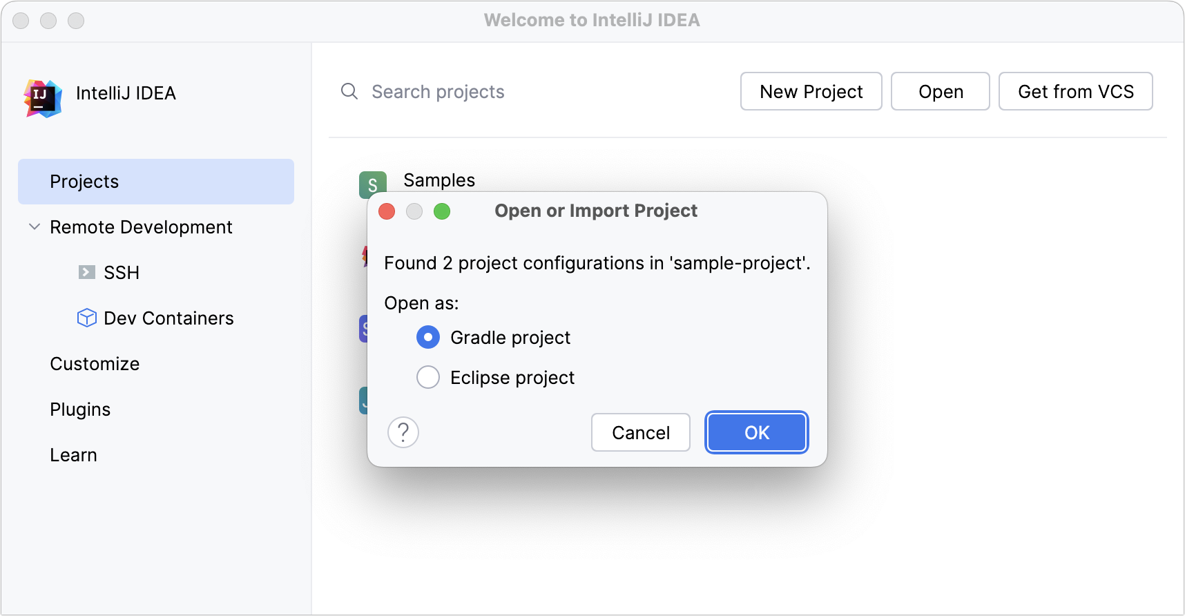 Dialog that prompts you to select how you want to import the project