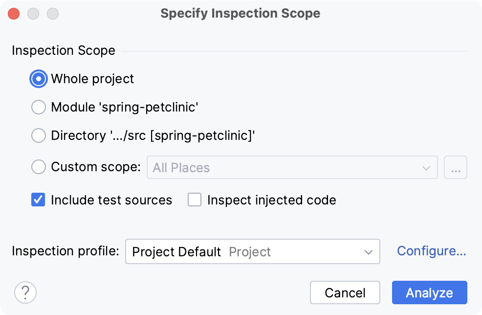 The Specify Inspection Scope dialog