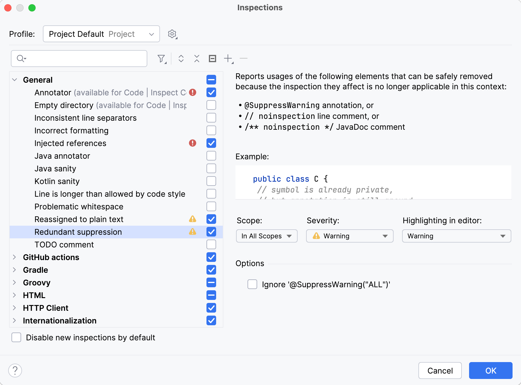 The list of inspections and their settings