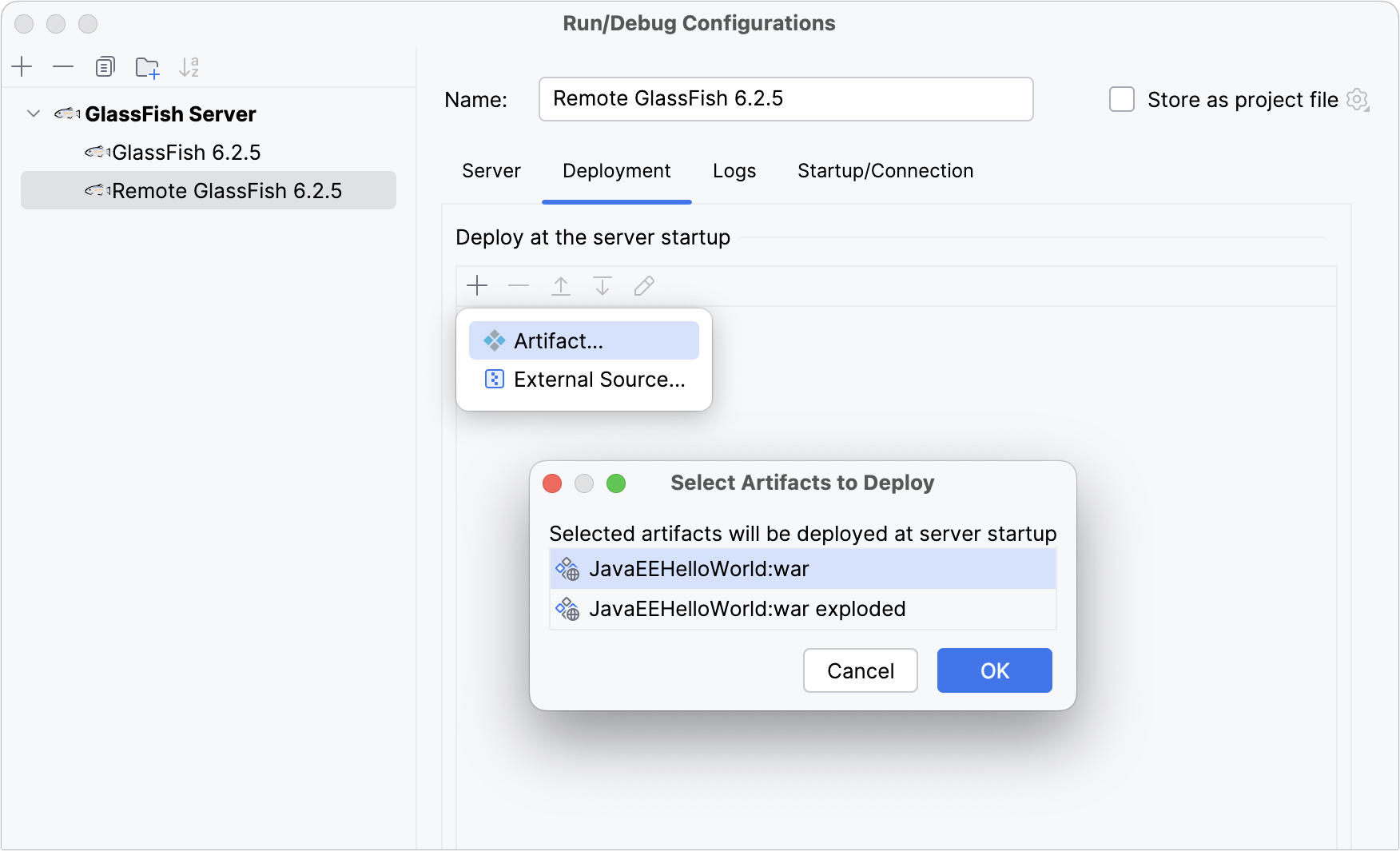 Remote GlassFish run configuration artifacts to deploy