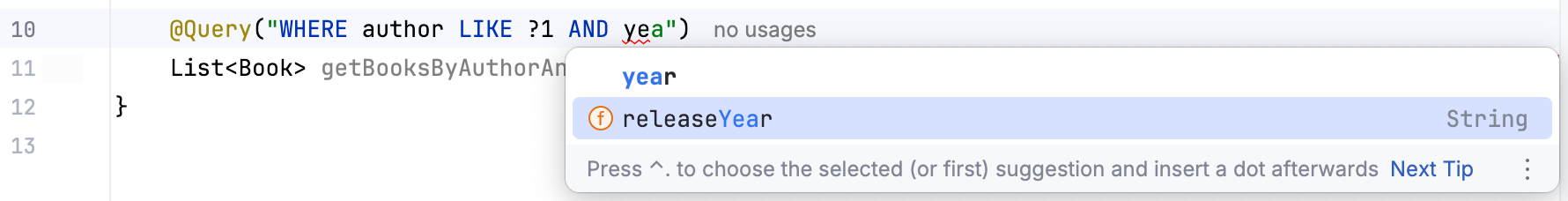 releaseYear field gets suggested while writing a JDQL query