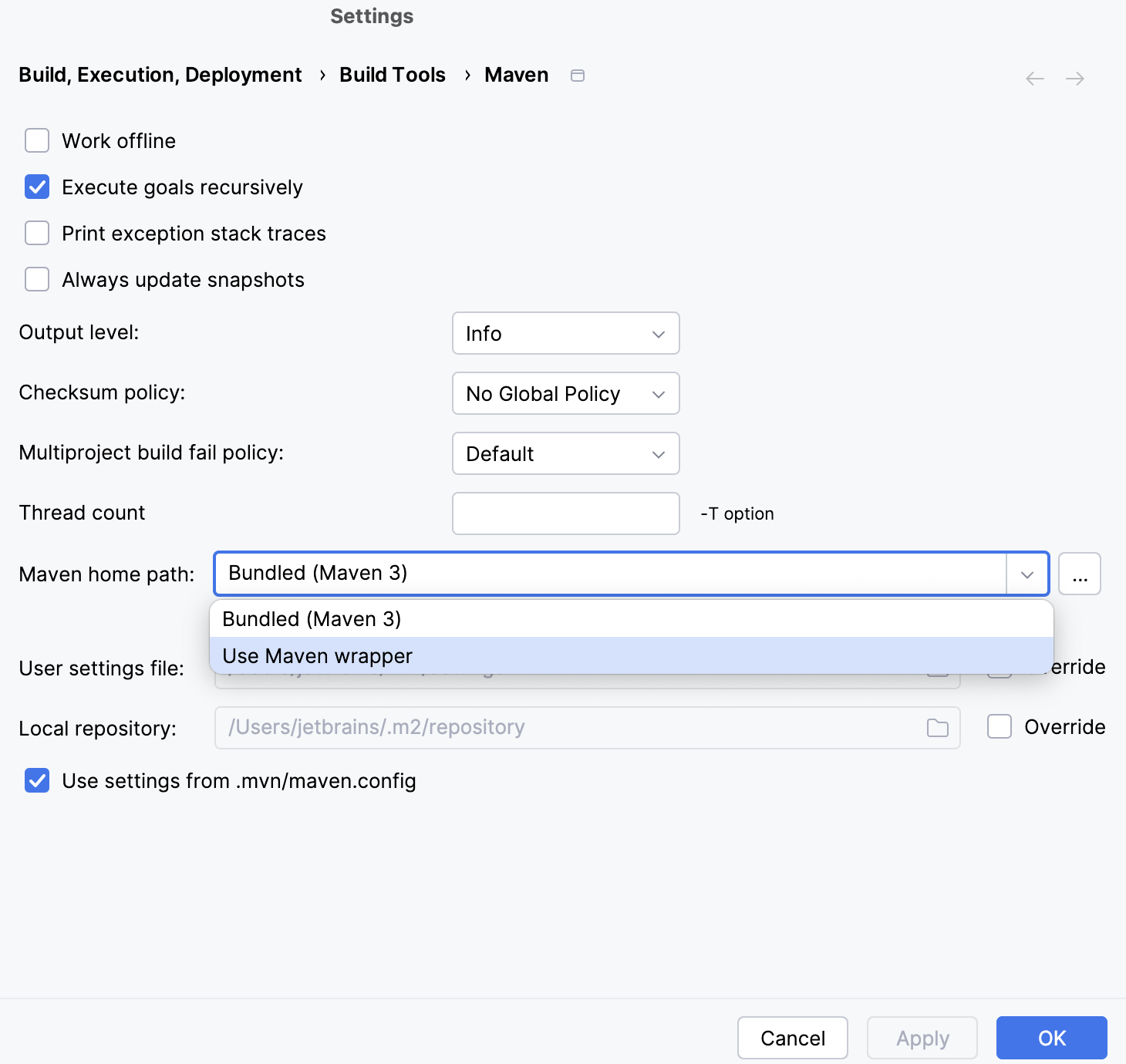 the Maven settings: Maven home path