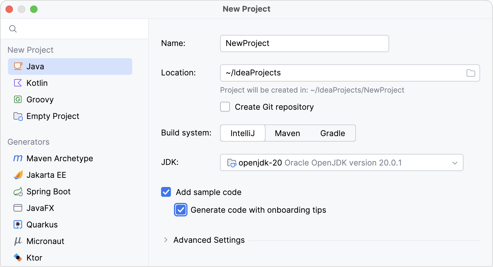 New Java project with onboarding tips in the editor