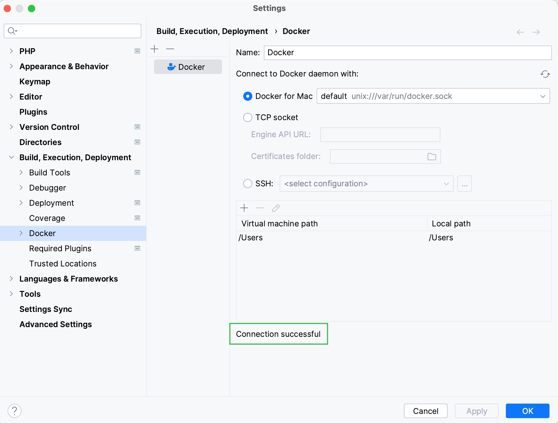 Docker connection settings