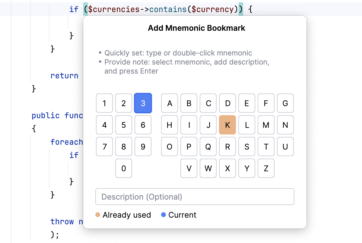 Adding a mnemonic bookmark: select an identifier