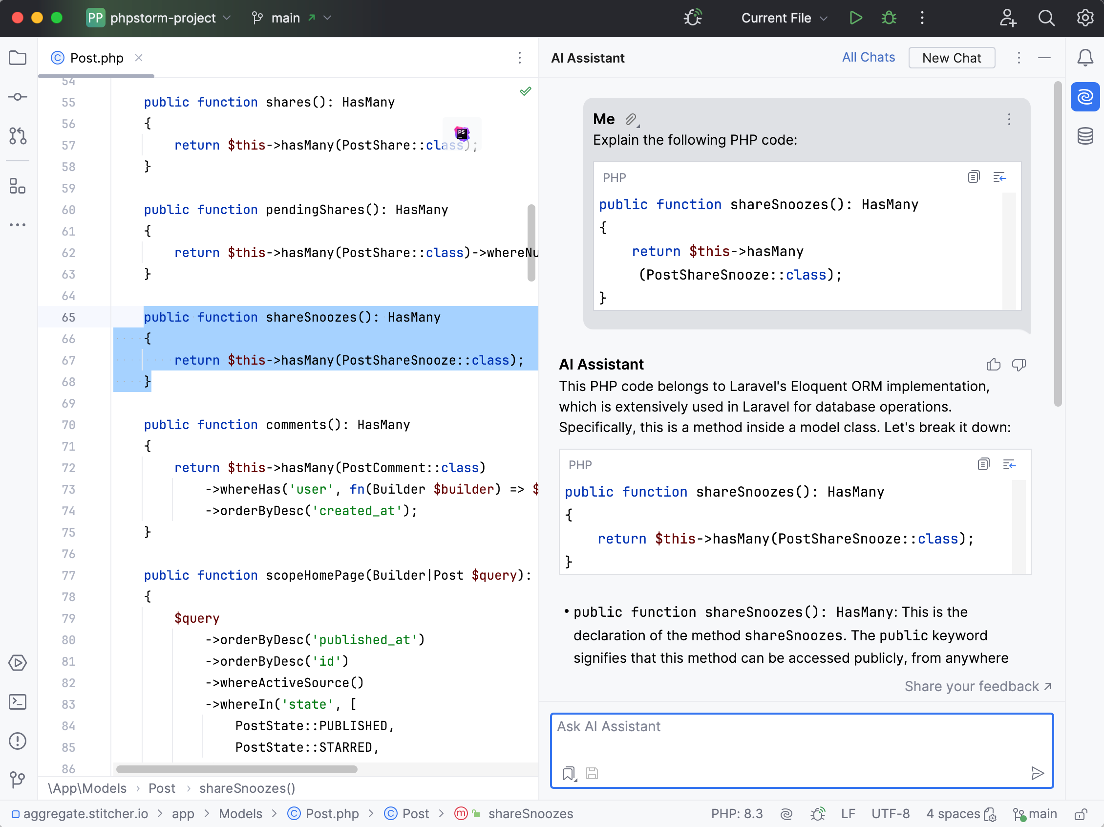 PhpStorm AI Assistant explains code