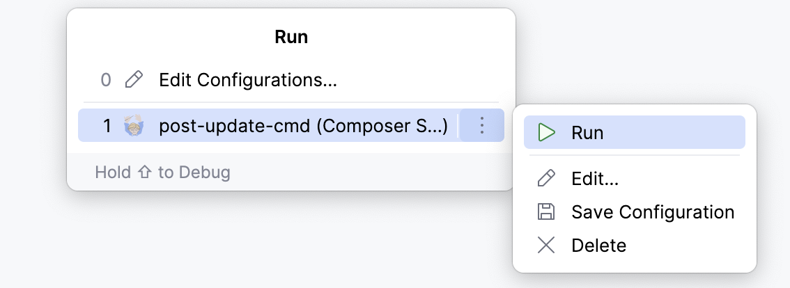 Run configuration popup