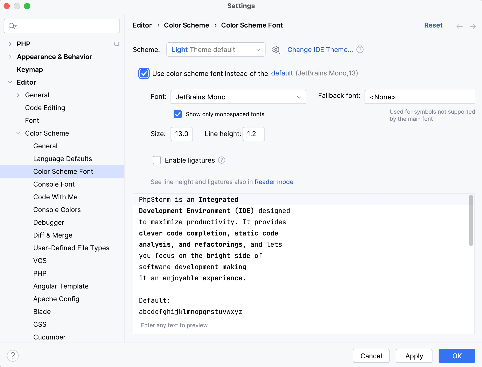 The Color Scheme Font settings page